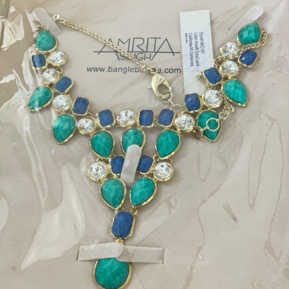 NEW AMRITA SINGH LAPIS TURQUOISE GOLD COLLAR STATEMENT NECKLACE